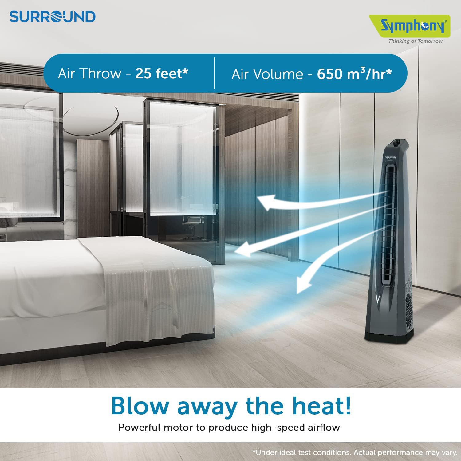 Symphony Surround Bladeless Tower Fan for Room & Office | High-Speed with Swivel Action & Simple Knob Control | Low Power Consumption | 1 Year Warranty | Grey Mahajan Electronics Online