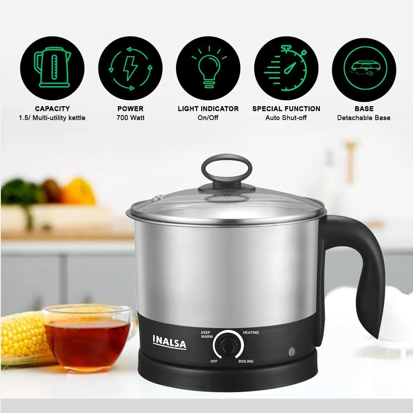 Inalsa Multi Cook Nu Multi Purpose Cooker for Soup Maggi Pasta Noodles Eggs Meals Electric Kettle (1.5 L) INALSA