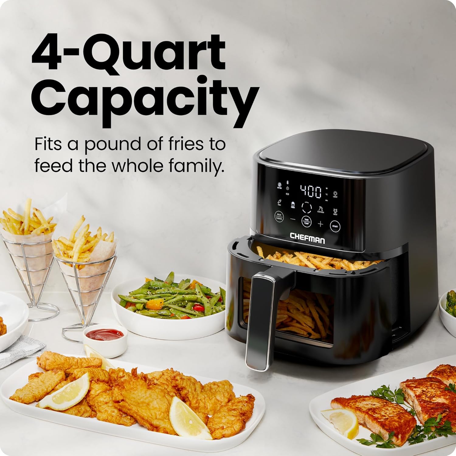 Chefman RJ38-4TW-BLACK-IN Air Fryer – 4 QT Compact Airfryer for Quick & Easy Meals, Features Hi-Fry Technology for Extra Crisp, Easy-View Window, Touch Controls with 4 Presets, Nonstick & Dishwasher Safe Basket - Black Mahajan Electronics