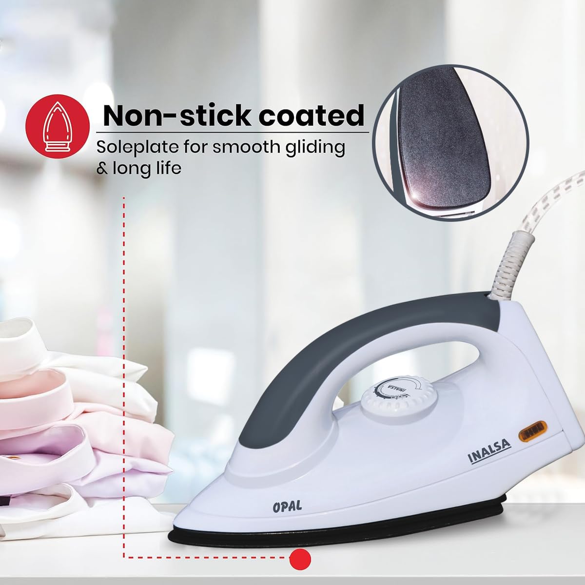 INALSA Electric Opal 1000 Watt Dry Iron For Clothes With Non-Stick Soleplate Coating|Variable Temperature Control|360° Swivel Control|ON/OFF Thermostat Indicator|2 Yr Warranty INALSA