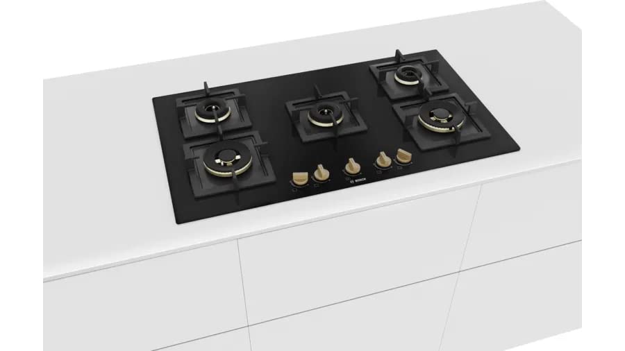 Bosch PNV9B6F20I Built in Gas Hob Black Tempered glass Glass 5 Burner Auto Ignition 90 cm True Brass 2D Ring Burners with Matt Black Heat Shields & Cast Iron pan supports - Mahajan Electronics Online