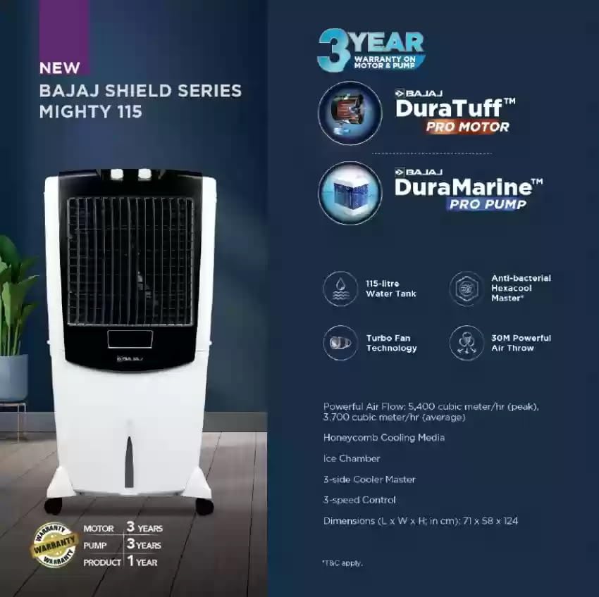 Bajaj Shield Series Mighty 104 Litre Desert Air Cooler for home with Dura Marine Pro Pump| Dura Tuff Pro – Mahajan Electronics Online.