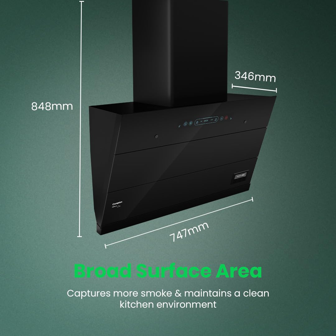 Crompton CHD-AQI75FLE-IND AQNova BLDC 1800m3/hr 75 cm Slant Chimney|AirIQ technology|Adaptive suction| Intelligent Autoclean|Motion Sensor|15Yrs Motor & 4Yrs Overall Warranty|(Black)|Free Installation & Ducting kit mahajan electronics online