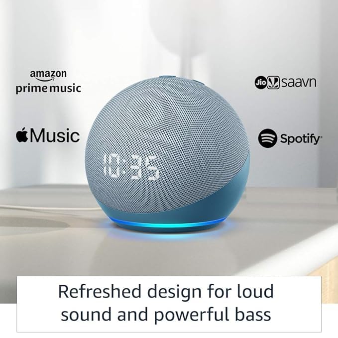 Amazon Echo Dot 4th Gen with clock | Smart speaker with powerful bass, LED display and Alexa (Blue) Mahajan Electronics Online