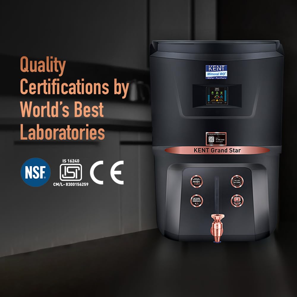KENT Grand Star RO+UV+UF+TDS+Copper+Alkaline Water Purifier | 9L | 20 LPH | UV-in-Tank | Black