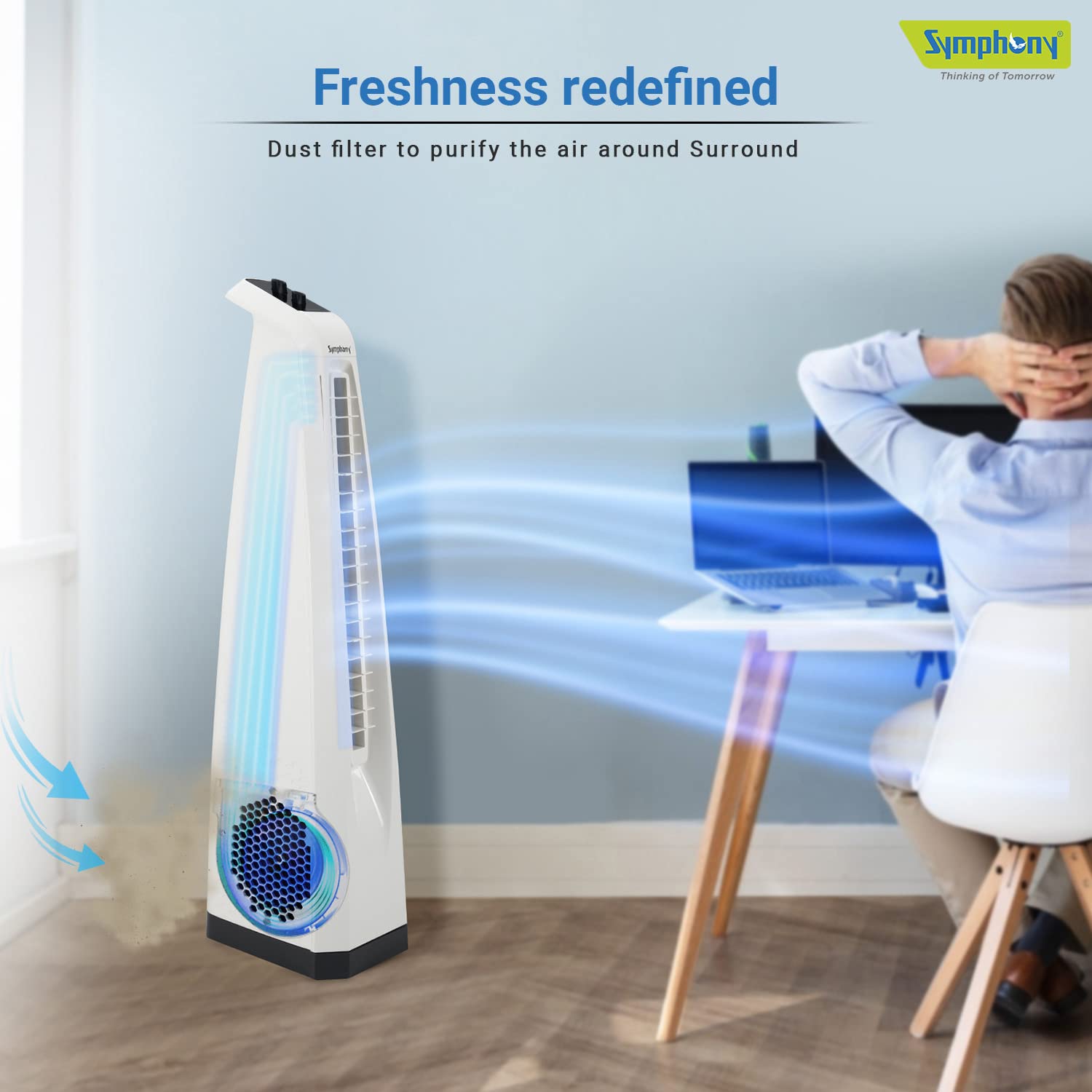 Symphony Surround Bladeless Tower Fan for Room & Office | High-Speed with Swivel Action & Simple Knob Control | Low Power Consumption | 1 Year Warranty | White Mahajan Electronics Online