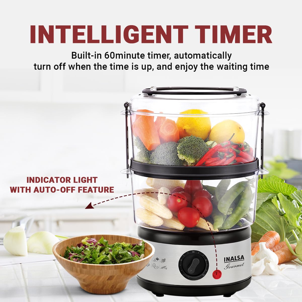 Inalsa 5L Gourmet Multi-Function 500W-Food Steamer & Egg Boiler with LED Indicator,BPA-Free 2 Tier Stackable Baskets,Stainless Steel Base,Fits 14 Eggs in One Go (Black/Silver) INALSA