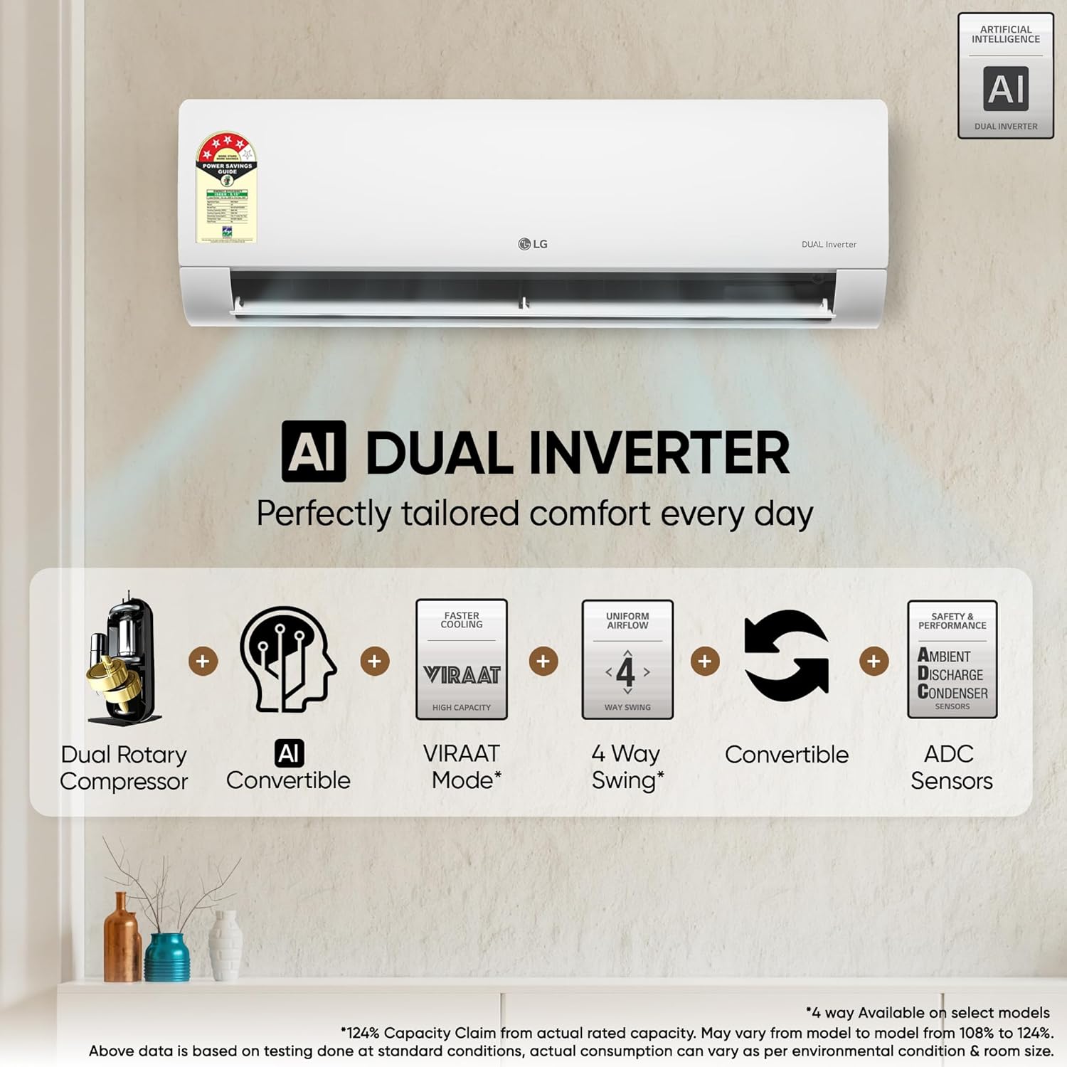 LG AS-Q19JNYE 1.5 Ton 4 Star DUAL Inverter Split AC (Copper, AI Convertible 6-in-1, VIRAAT Mode, Faster Cooling & Energy Saving, 4 Way Swing, HD Filter with Anti-Virus Protection & Him Clean,  White) LG