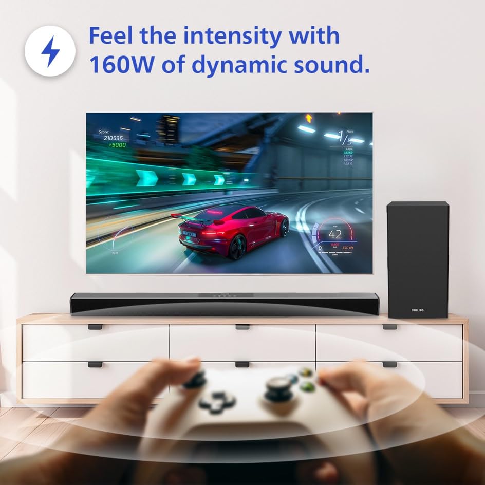 PHILIPS Audio TAB4228/94 2.1Ch 160W Bluetooth Soundbar with Rich Bass, 3 EQ Modes, Multi-Connectivity Option with Supporting USB, HDMI(ARC), Optical, Coaxial & Aux-in for Easy Connection (Black) Mahajan Electronics Online