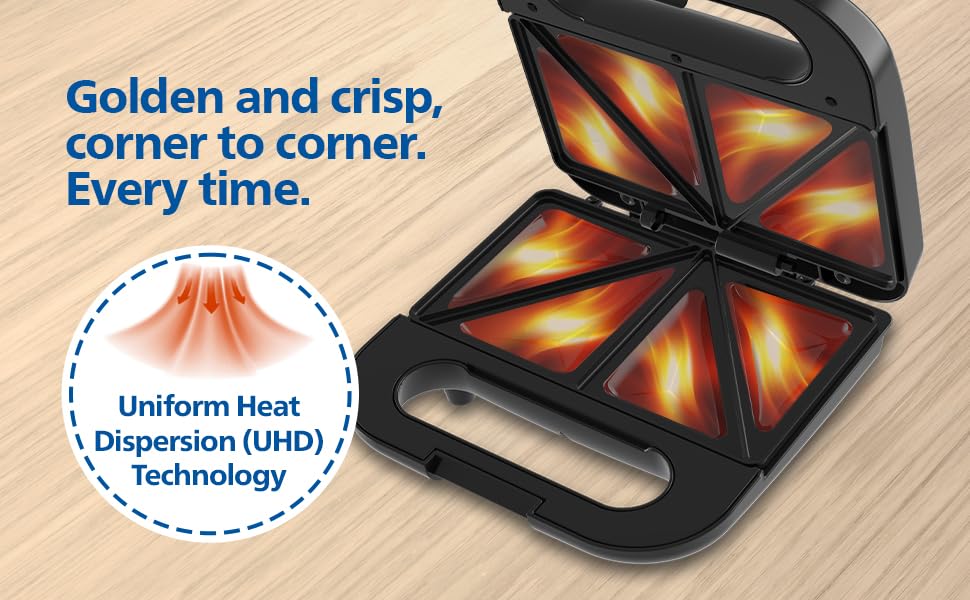 Philips HD1000/00 XL Sandwich Maker | 800W | Non-Stick Coated Plates | UHD Technology | Easy Locking | Black with Metallic Finish Mahajan Electronics Online