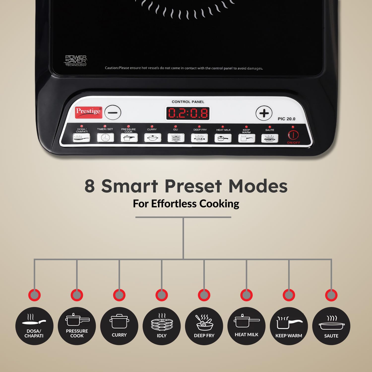Prestige PIC 20 1600 Watts Induction Cooktop | 4KV Surge Protection | 8 Preset Indian Menu Options & Timer | Soft Touch Button | Easy to Clean | Portable | Black | 1Y Warranty | BIS Mahajan Electronics Online
