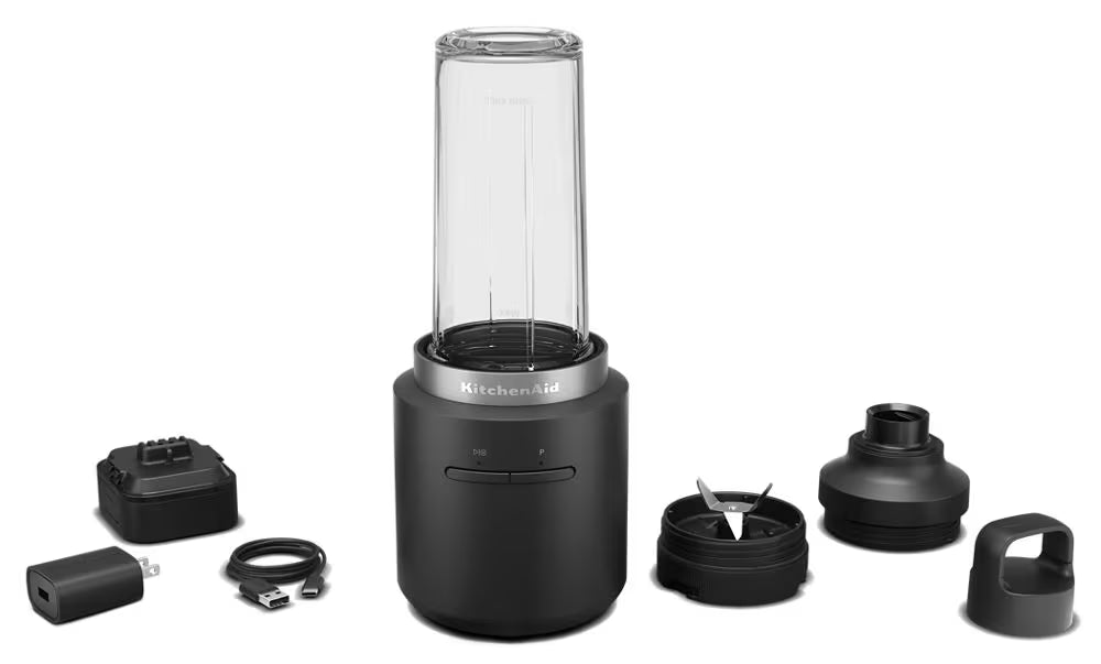 KitchenAid Go Cordless Personal Blender, 473ml BPA-Free Blending Jar, Stainless Steel Blade, Travel & Storage Lids for smoothies, shakes (with Lithium Ion Battery 10.8V) Black Matte KitchenAid
