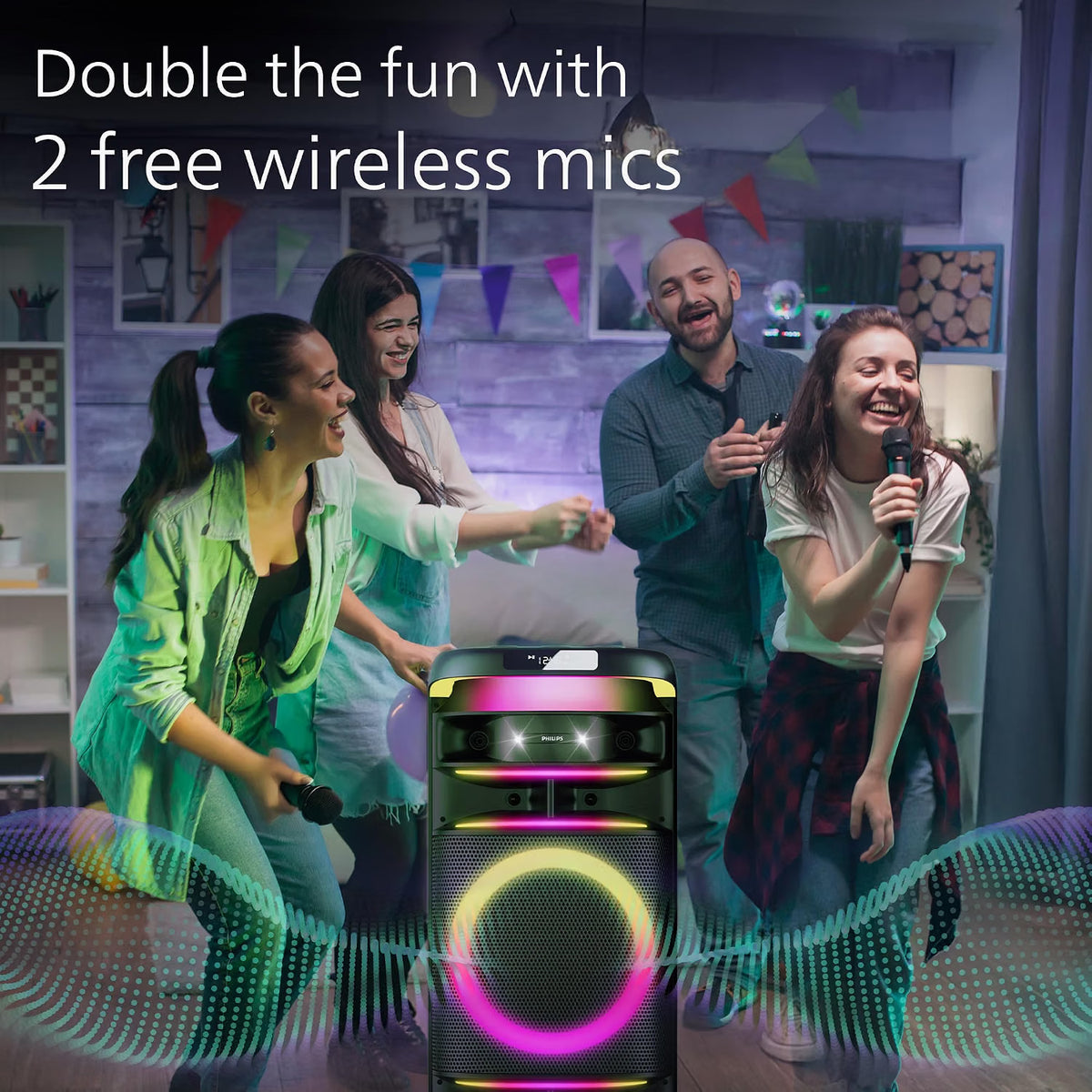 PHILIPS TAX3004 300W Bluetooth Party Speaker with 2 Free Wireless Mic, Powerful Sound, Deep Bass, RGB Lights, LED Display, Portable Loudspeaker with USB, AUX, DJ Party Effects for House Party Philips