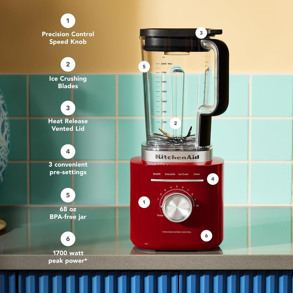 KitchenAid K200 Pure Power Blender, 2L BPA-Free Plastic Jar, Variable Speed Control with 10 Speeds, Smoothie, Ice Crush & Clean Cycle, Empire Red KitchenAid