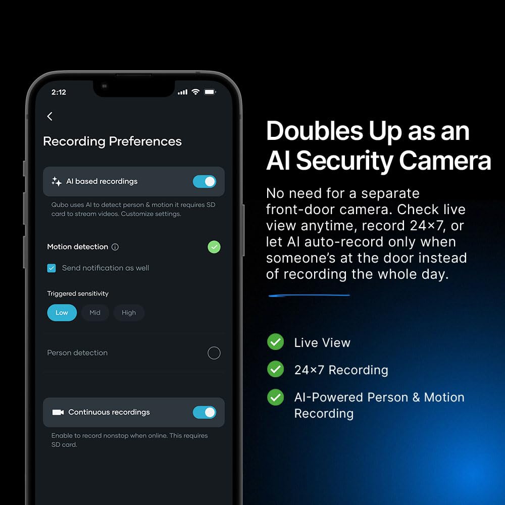 Qubo Smart Wi-Fi Video Doorbell Pro 2K from Hero Group | Instant Phone Visitor Video Call | Intruder Alarm | 3MP 1296P Resolution | 2-Way Talk | NightPulse Vision OC-HCD04BL1 Mahajan Electronics Online