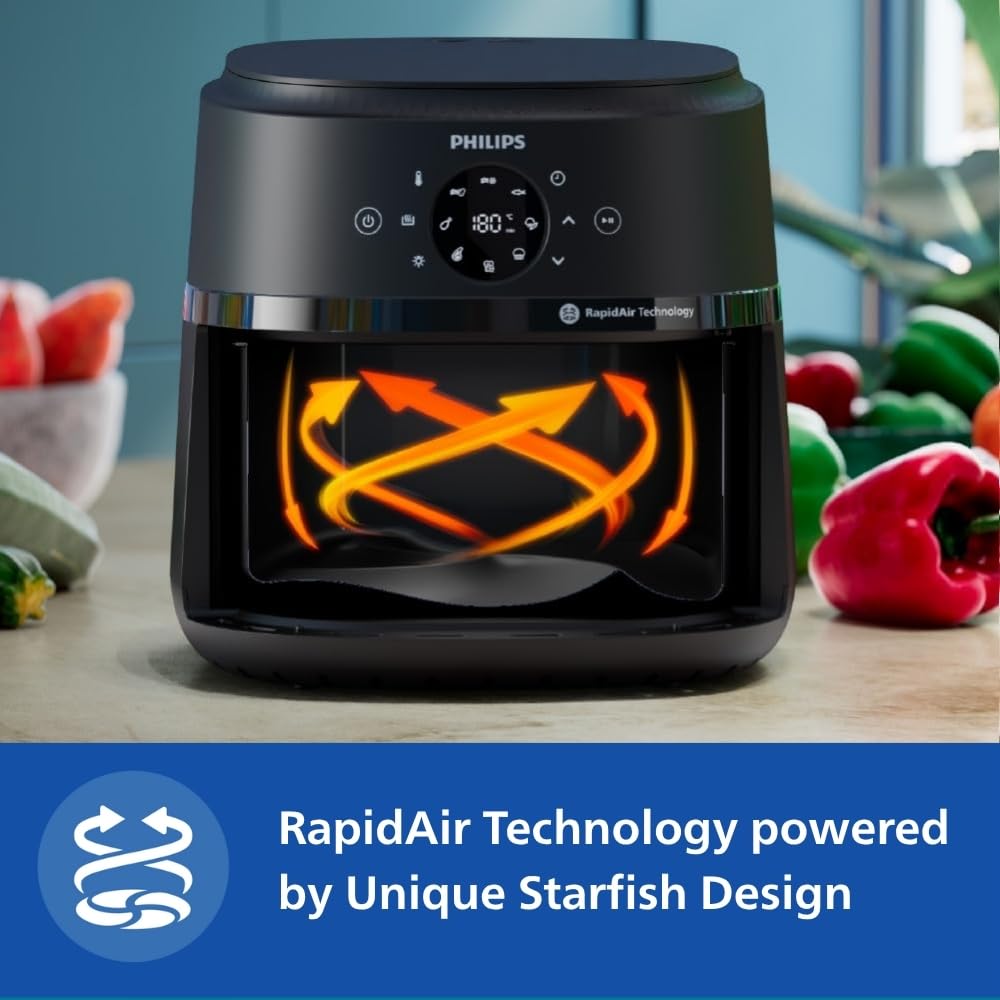 PHILIPS Air Fryer NA231/00 with touch panel, uses up to 90% less fat, 1700W, 6.2 Liter, with Rapid Air Technology (Black),Cooking window, Extra Large Mahajan Electronics Online
