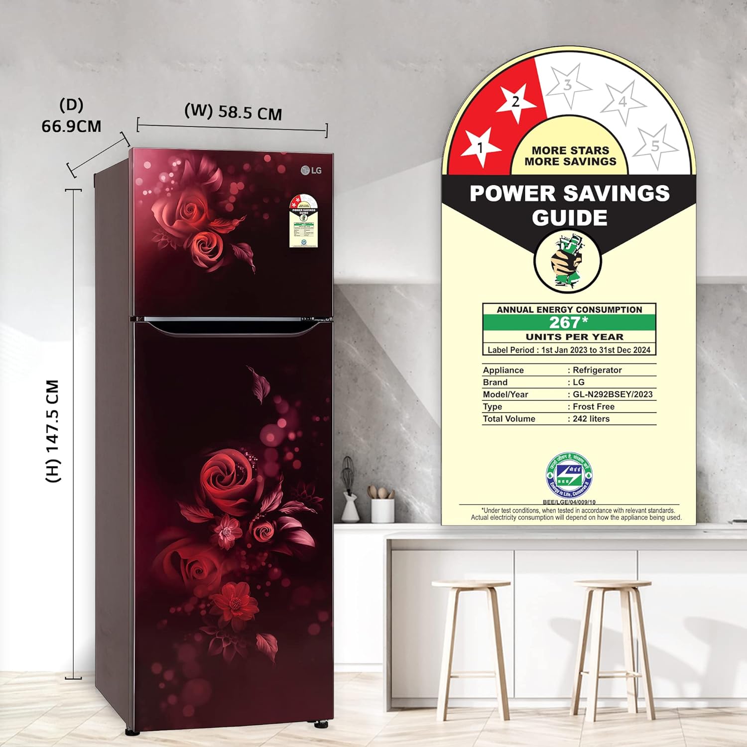 LG 242 L 2 Star Smart Inverter Frost-Free Double Door Refrigerator Appliance (2023 Model, GL-N292BSEY, Scarlet Euphoria, Smart Connect) - Mahajan Electronics Online