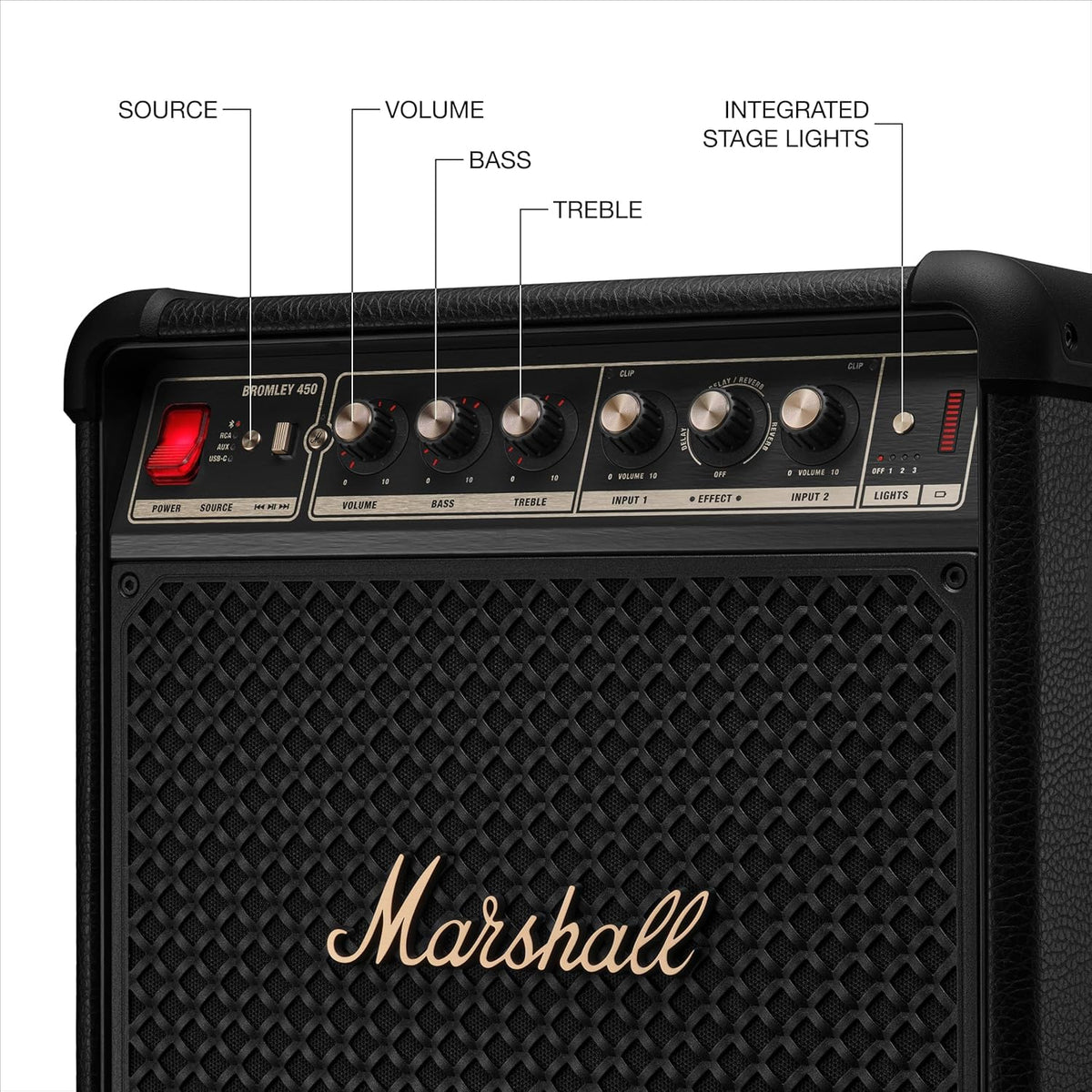 Marshall Bromley 450 Portable Party Speaker - Loud 360° Sound with Bass EQ Controls | 40+ Hours Playtime | Bluetooth, 3.5 mm AUX, RCA, Microphone, Instrument Inputs | LED Lights - Black and Brass Marshall