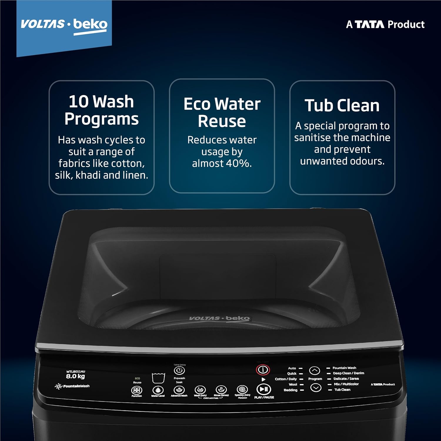 Voltas Beko 8 Kg 5 Star Top Load Fully Automatic washing machine ( Black )WTL8011AU/BPC00D
