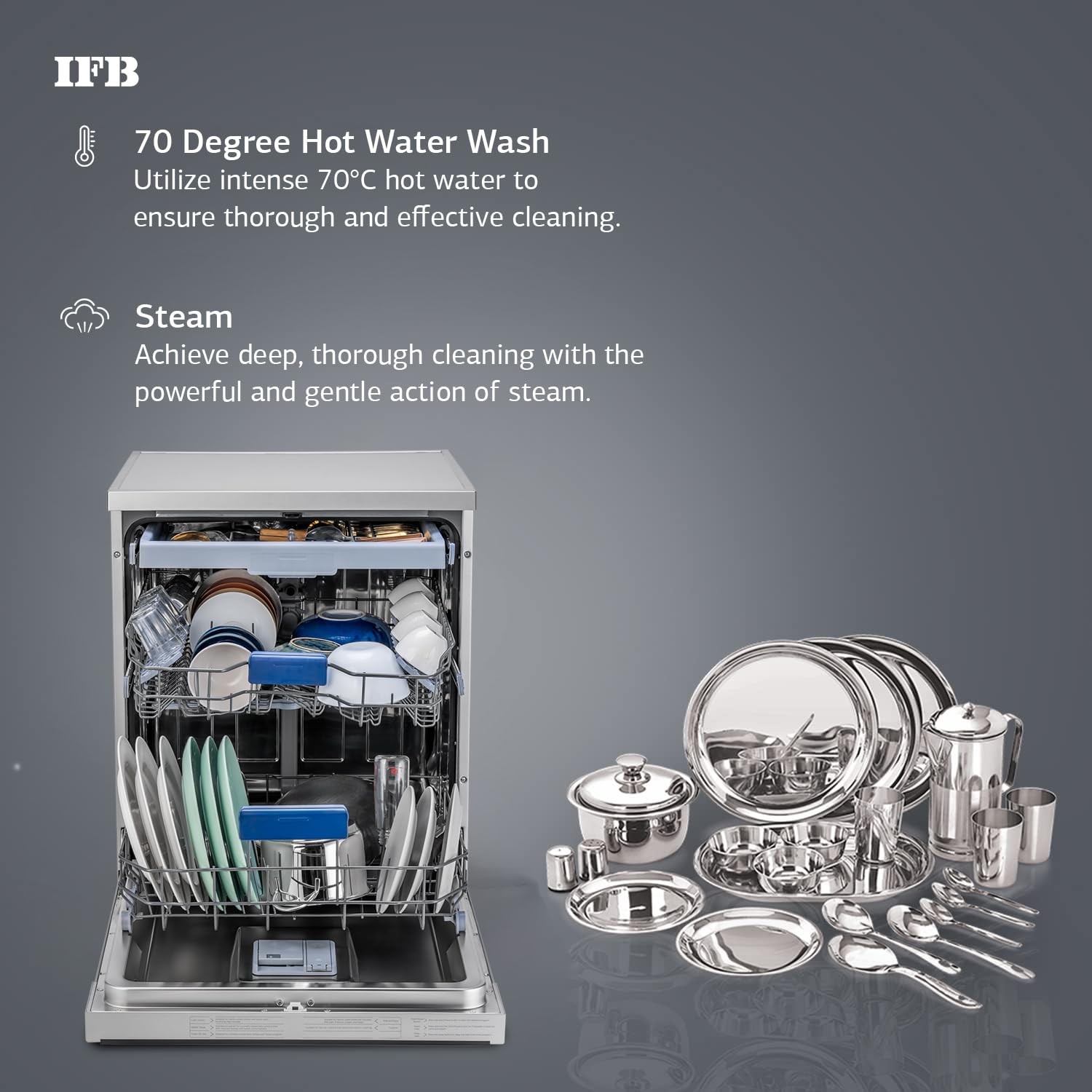 IFB Neptune VX15 15 Place Settings with DeepClean® Technology Freestanding Dishwasher ( Dark Silver, 70° Hot Water Wash with Hygienic Steam Drying, Perfect for Indian Utensils) Mahajan Electronics Online