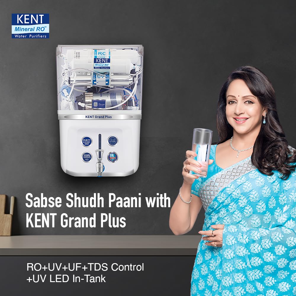 KENT Grand Plus RO Water Purifier | 4 Years Free Service | ISI Marked | Multiple Purification Process | RO + UV + UF + TDS Control + UV LED Tank | 9L Tank | 20 LPH Flow | Zero Water Mahajan Electronics Online