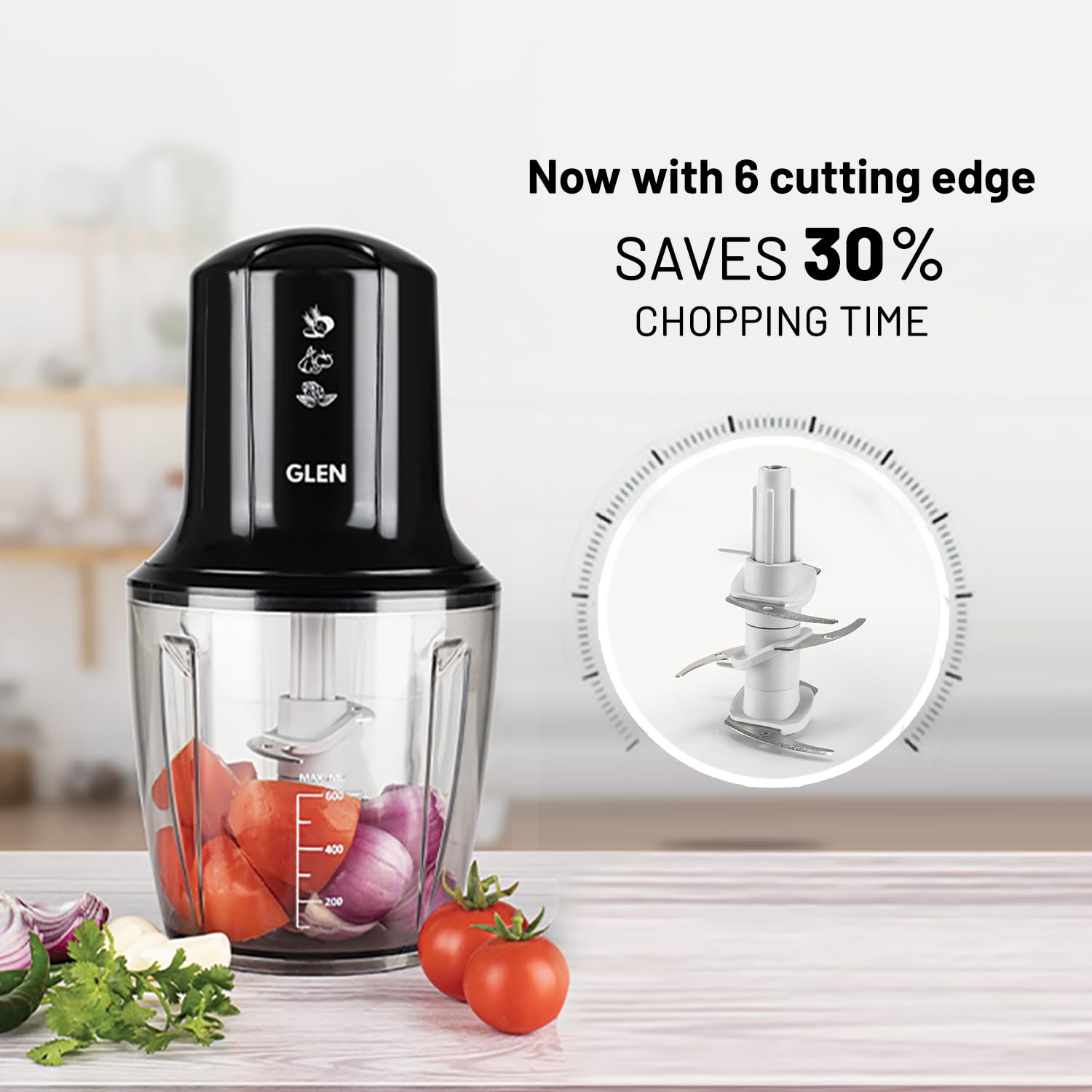 Glen SA 4042TU PLUS 300 Watts Electric Chopper for Kitchen Use, Large 600ml Bowl, Triple SS Blade Technology, Fruit & Vegetable Cutter, with Whisking Disc, Chops Onion & Nuts - Black Mahajan Electronics Online