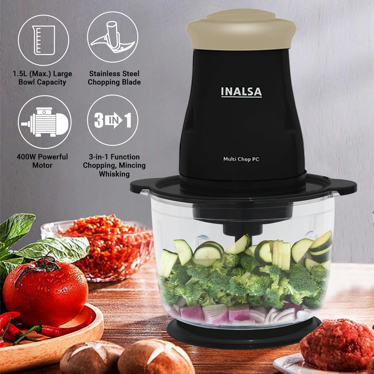 INALSA Multi Chop PC  Electric Chopper for Kitchen &Meat Grinder|1.5 LCapacity|Unbreakable Bowl|400W Motor|2 Yr Warranty INALSA