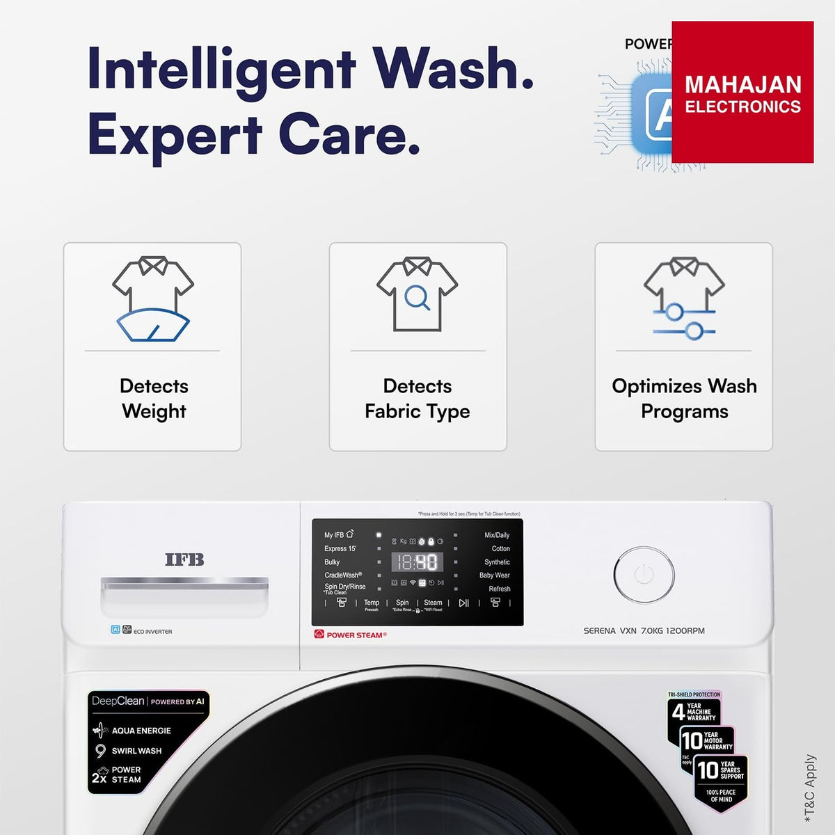 IFB SERENA VXN 7012 CMS 7 Kg 5 Star, 9 Swirl Wash, Steam Refresh, Eco Inverter Motor, WiFi Enabled, DeepClean® Ai Powered Fully Automatic Front Load Washing Machine( 2X Power Steam®,Inbuilt Heater,White) IFB