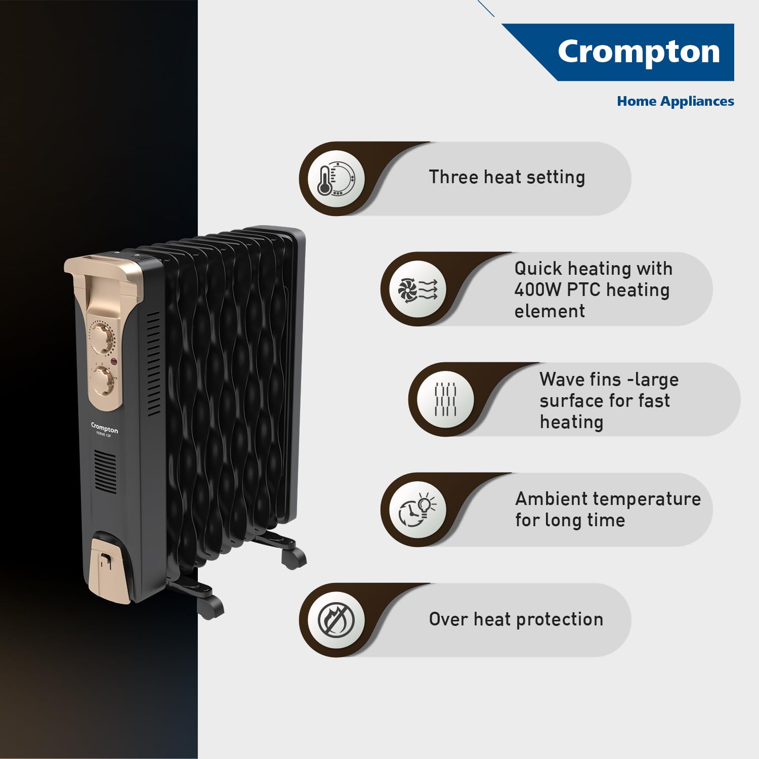 Crompton OFR2900W11F 11 Fin Insta Ferver wave Fin OFR (Oil Filled Radiator)|Room Heater|2900 W|3 Heat Settings & PTC Fan Heater| Comfortable Breathing|360° Heating (Black)|2yrs warranty|Black & Copper Mahajan Electronics Online