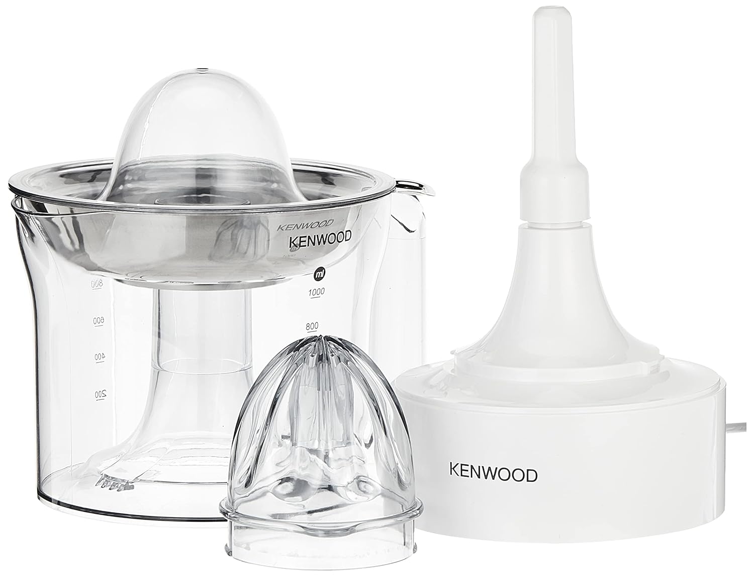 Kenwood JE290A Electric Citrus Juicer, 1 Litre Capacity, 40 Watts, Automatic Juice Extractor for Citrus Fruits, Stainless Steel Filter, 2 Way Rotation, Portable Fruit Squeezer, Transparent Jar, White Mahajan Electronics Online