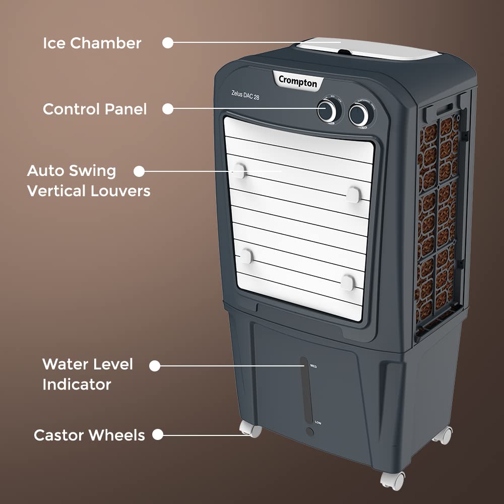 Crompton Zelus 28 Litres Desert Air Cooler for home | Large & Easy Clean Ice Chamber | 4-Way Air Deflection | High Density Honeycomb Pads | Everlast Pump | Auto Fill Mahajan Electronics Online