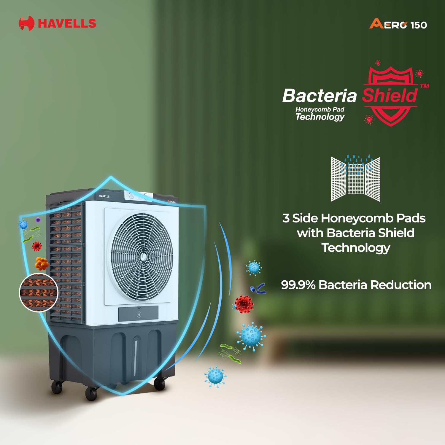Havells 150L Aero Premium Desert Cooler | Auto Fill | XXL Ice Chamber | 3 Side Cooling Pads | Dust Filter | Heavy Duty Air Throw | Grey