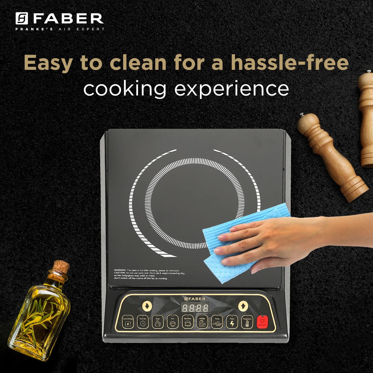 Faber Zion 1600W Induction Stove | 5 Auto-Cook Functions, Auto Pan Detection, Preset Timer, Overheat Protection | Shock-Proof Body, Black Crystal Glass, Soft-Touch Control, LED Display | (Black) Mahajan Electronics Online