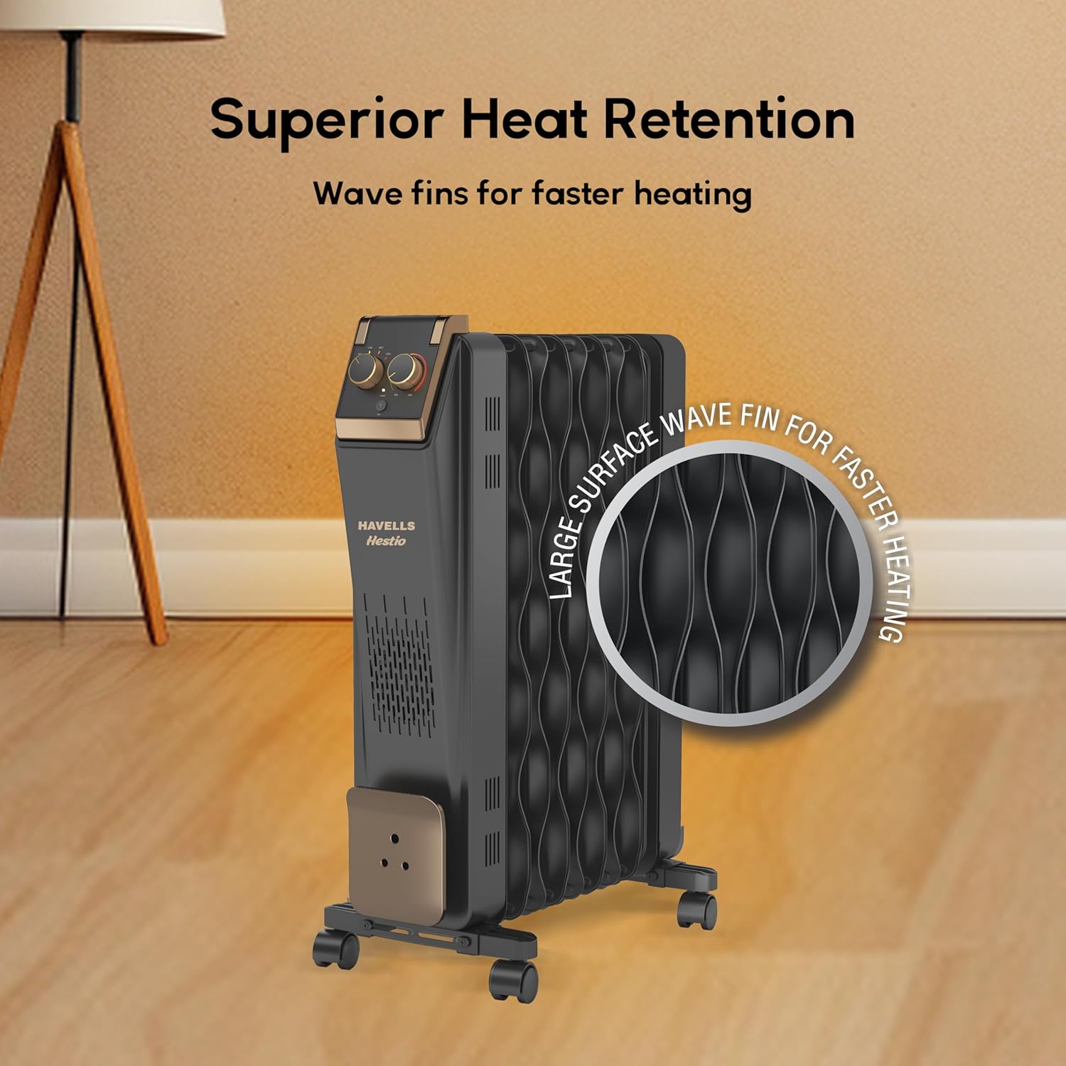 Havells GHROFCJK240 9 Fin Hestio Wave Fin OFR (Oil Filled Radiator)|Room Heater|2400 W|3 Heat Settings & PTC Fan Heater|Inclined Control Panel|Retractable Wheels| Comfortable Breathing|360° Heating (Black) Mahajan Electronics Online