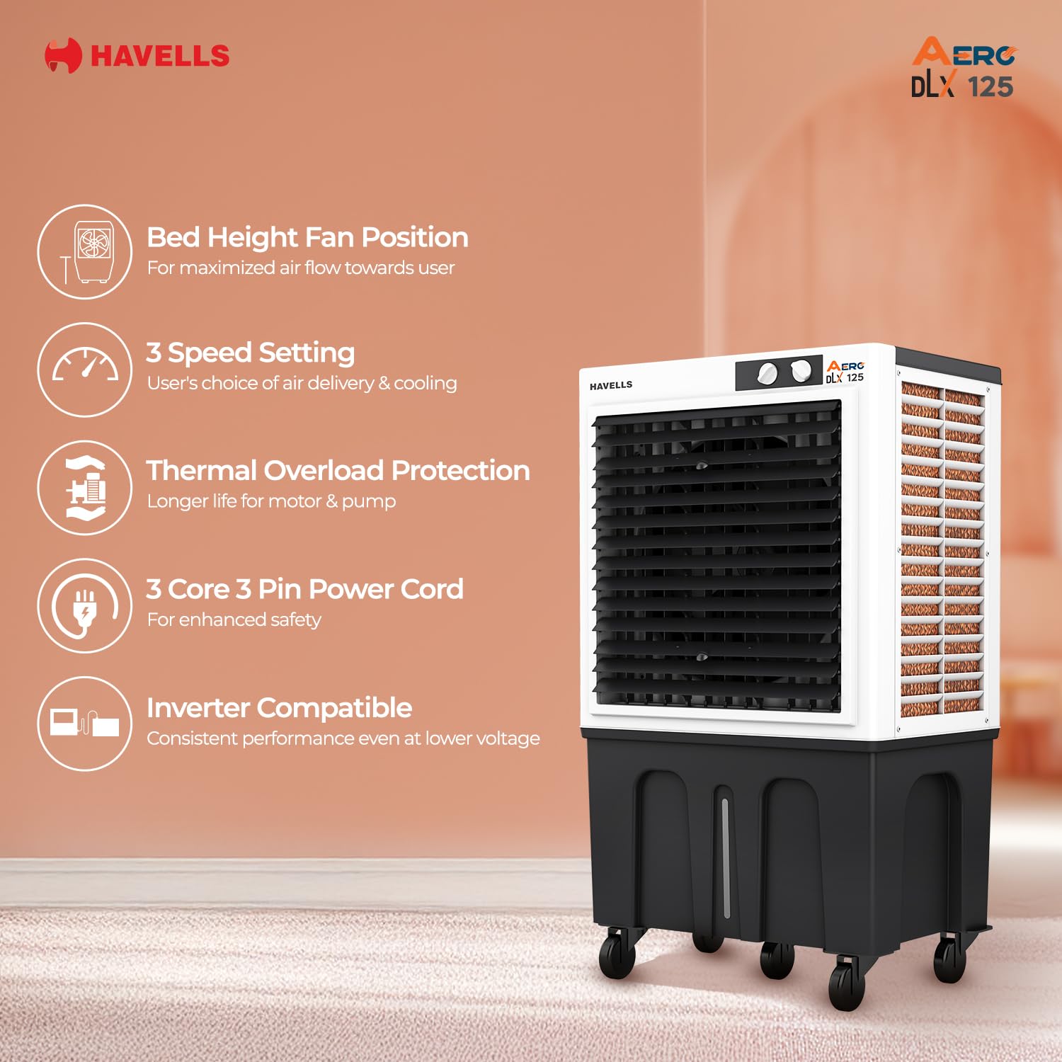 Havells Aero DLX 100L Premium Commercial Air Cooler|Powerful Air-Delivery| 3 Side Honeycomb Pads with Bacteria Shield Technology|Fully Collapsible Louvers|Auto fill function|Double Ball bearing Motor Mahajan Electronics Online