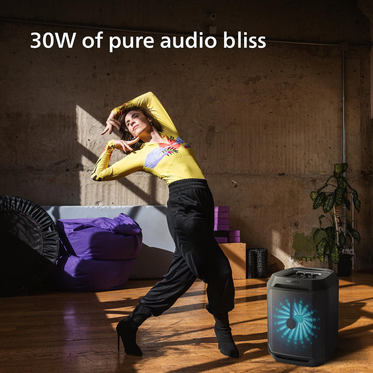 PHILIPS TAX2208 Bluetooth Party Speaker with Free Wired Mic, 8 Speaker System, 30W Max Sound Output, Up to 7H Playtime, Dynamic Bass Boost, Party Light Modes, True Wireless Pairing, Portable (Black) Philips