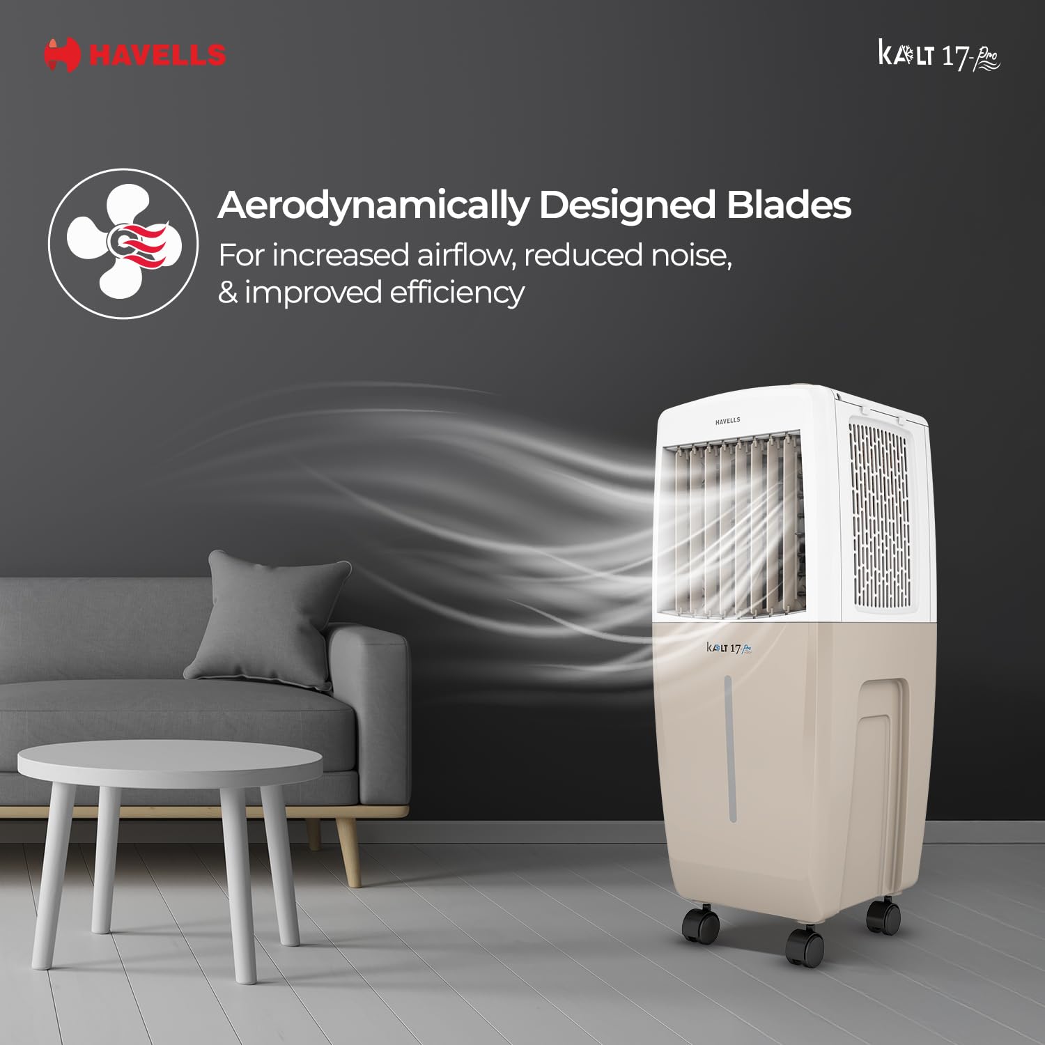 Havells Kalt Pro 17 L Personal Air Cooler for Room|With Fan & 3 Side Bacteria Shield Honeycomb Pads|Aerodynamically Designed Blades|Sleek & stunning design |Front Wheel with Brakes|Inverter Compatible Mahajan Electronics Online