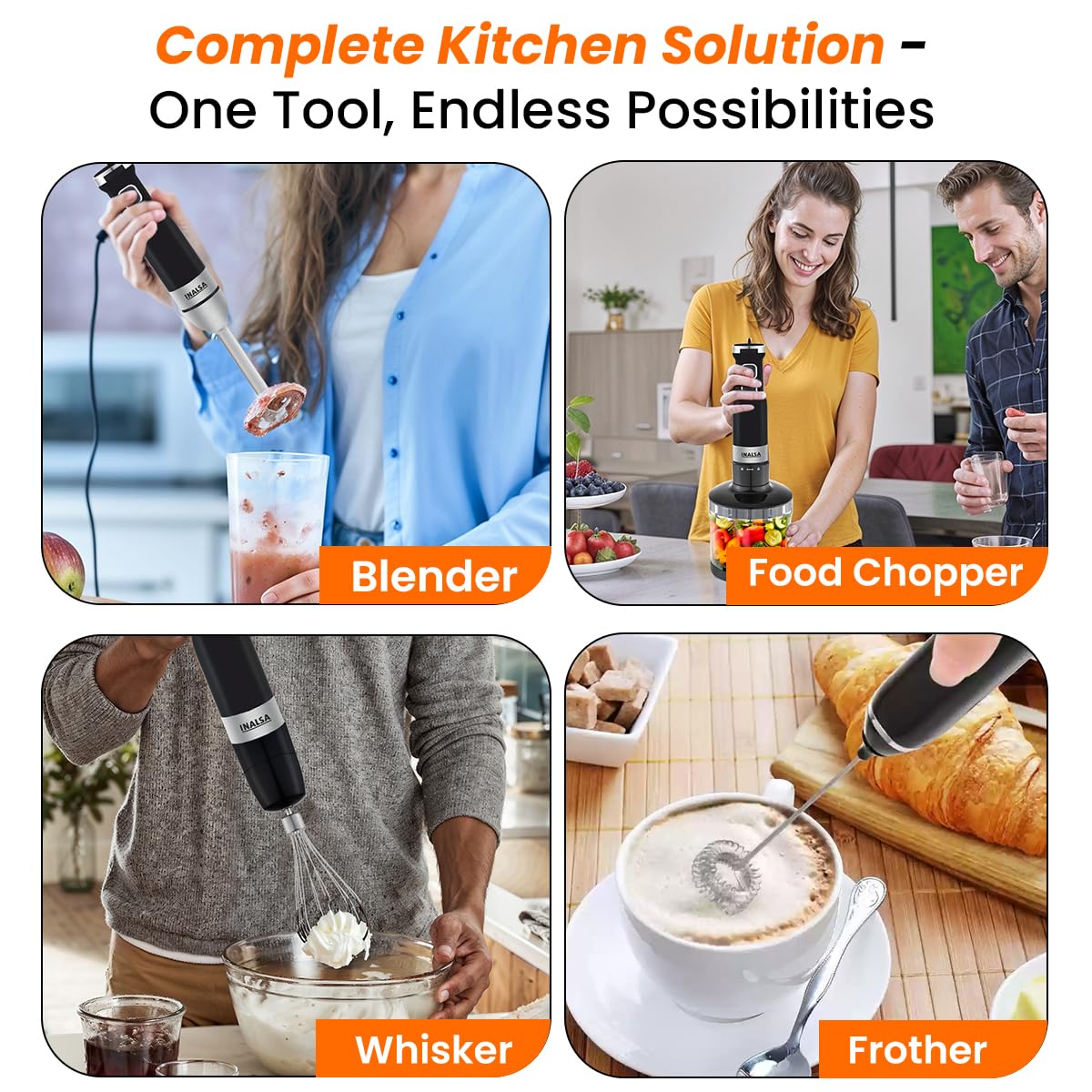 INALSA Robot INOX 1350 Blend Hand Blender Mixer|1350W Copper Motor|Chopper,Coffee Beater/Frother,Whisker&Jar Attachment|Low Noise|20 Speed Control&Turbo Mode|BPA Free|Anti-Splash|2-Yr Warranty, N Froth INALSA