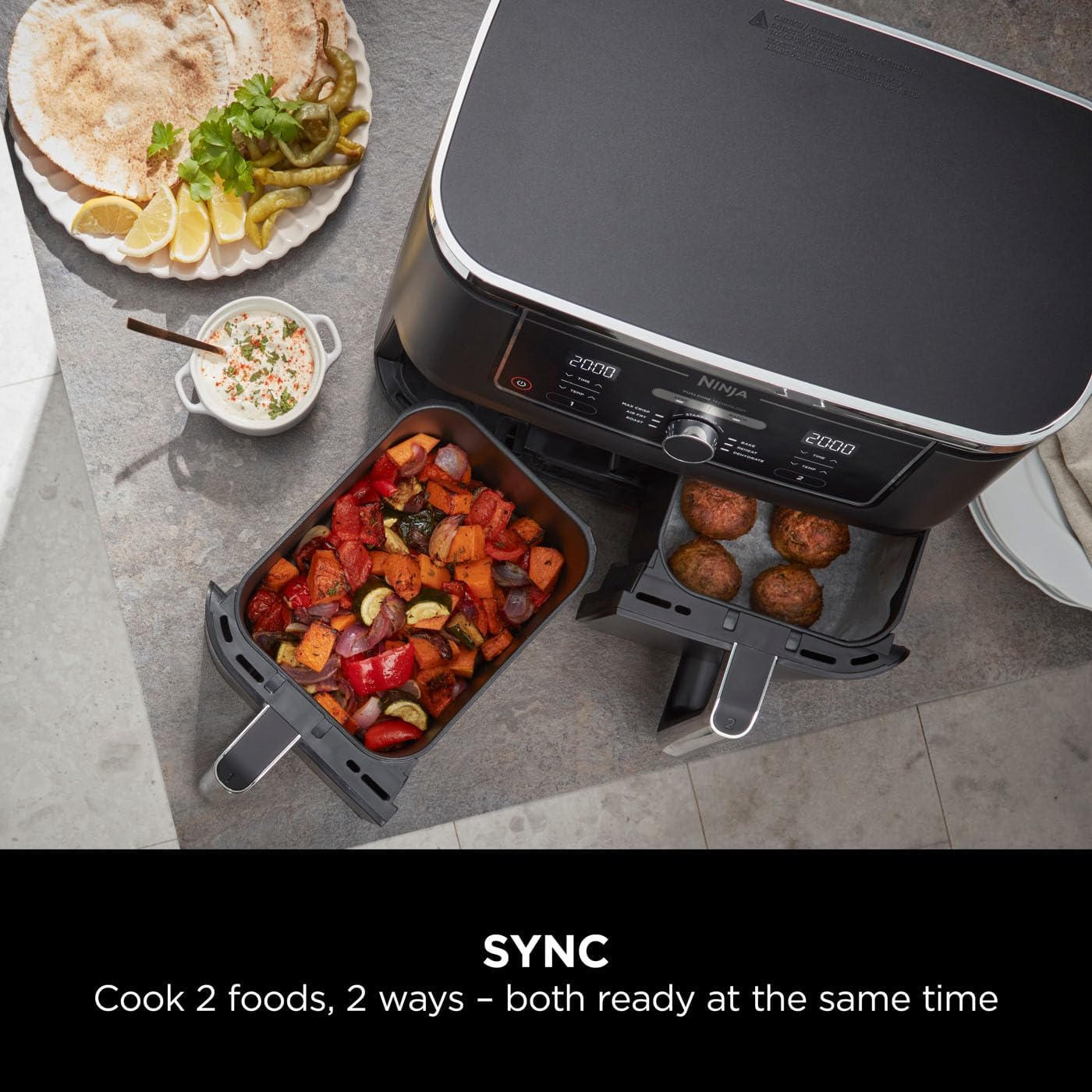Ninja AF400 Foodi MAX Dual Zone Digital AirFryer, 2 Drawers, 9.5L, 6-in-1, Uses No Oil, Air Fry, Max Crisp, Roast, Bake, Reheat, Dehydrate, Cook 8 Portions, Non-Stick Dishwasher Safe Baskets, Black Mahajan Electronics Online
