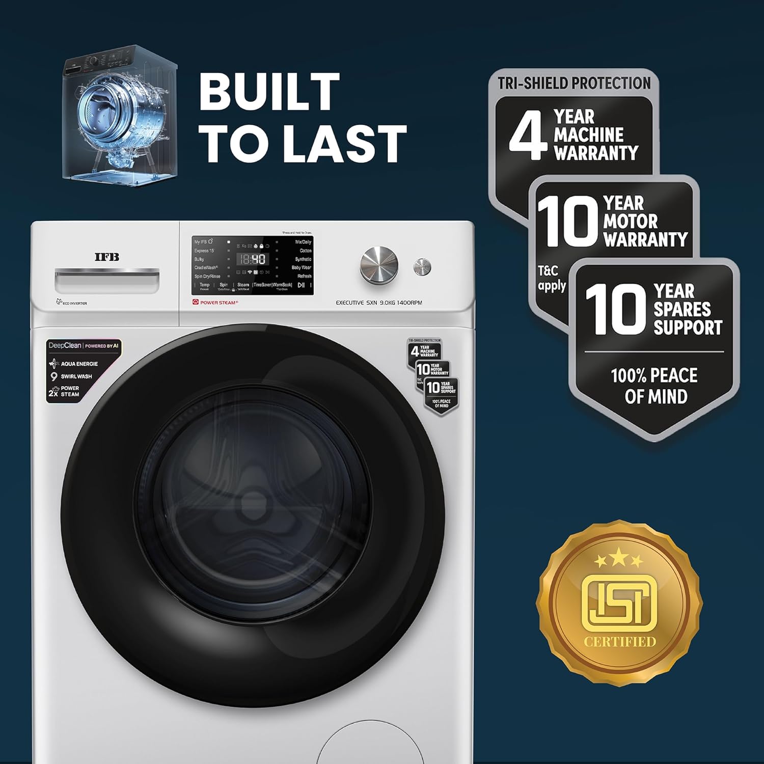 IFB EXECUTIVE SXN 9014K CMS 9 Kg 5 Star, DeepClean® Tech, AI Powered, WiFi, Fully Automatic Front Load Washing Machine ( PowerSteam®, 9 Swirl, Steam Refresh, Inbuilt Heater, Eco Inverter, Rich Silver) Mahajan Electronics Online
