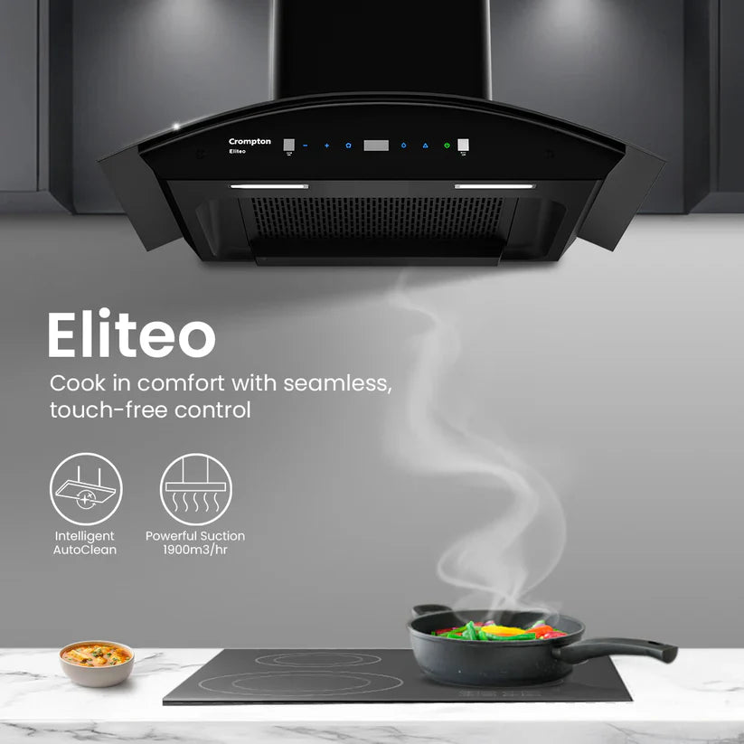 Crompton  Chimney (CHD-ELC60FLE-IND) | 1900m³/hr Suction Filterless Wall |60 cm Auto-Clean Chimney With Gesture Control| Mahajan Electronics Delhi NCR  Mahajan Electronics Online