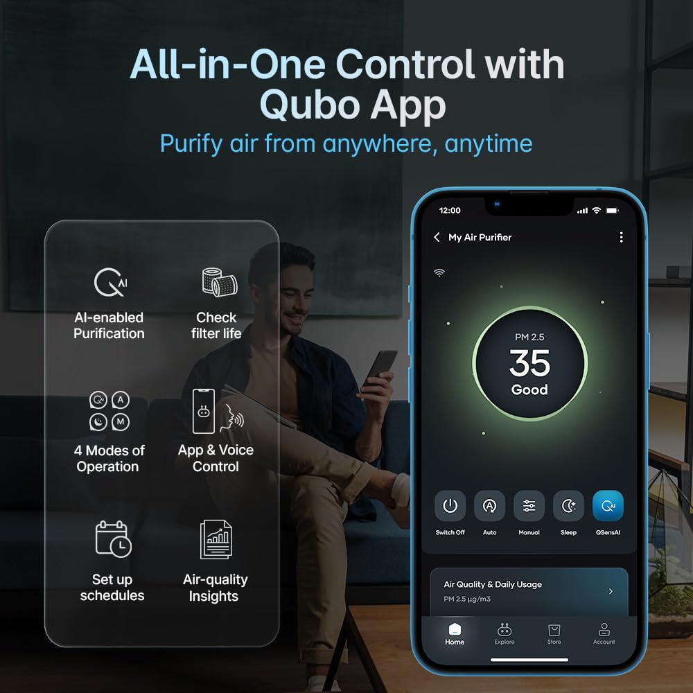 Qubo Smart Air Purifier Q500 for Home by Hero Group | 500 Sqft | 99.99% Allergen Removal | HEPA H13 | 9000 Hrs Filter Life | App & Voice Control | Energy Saving | Ultra-Quiet BLDC Motor (White) Mahajan Electronics Online