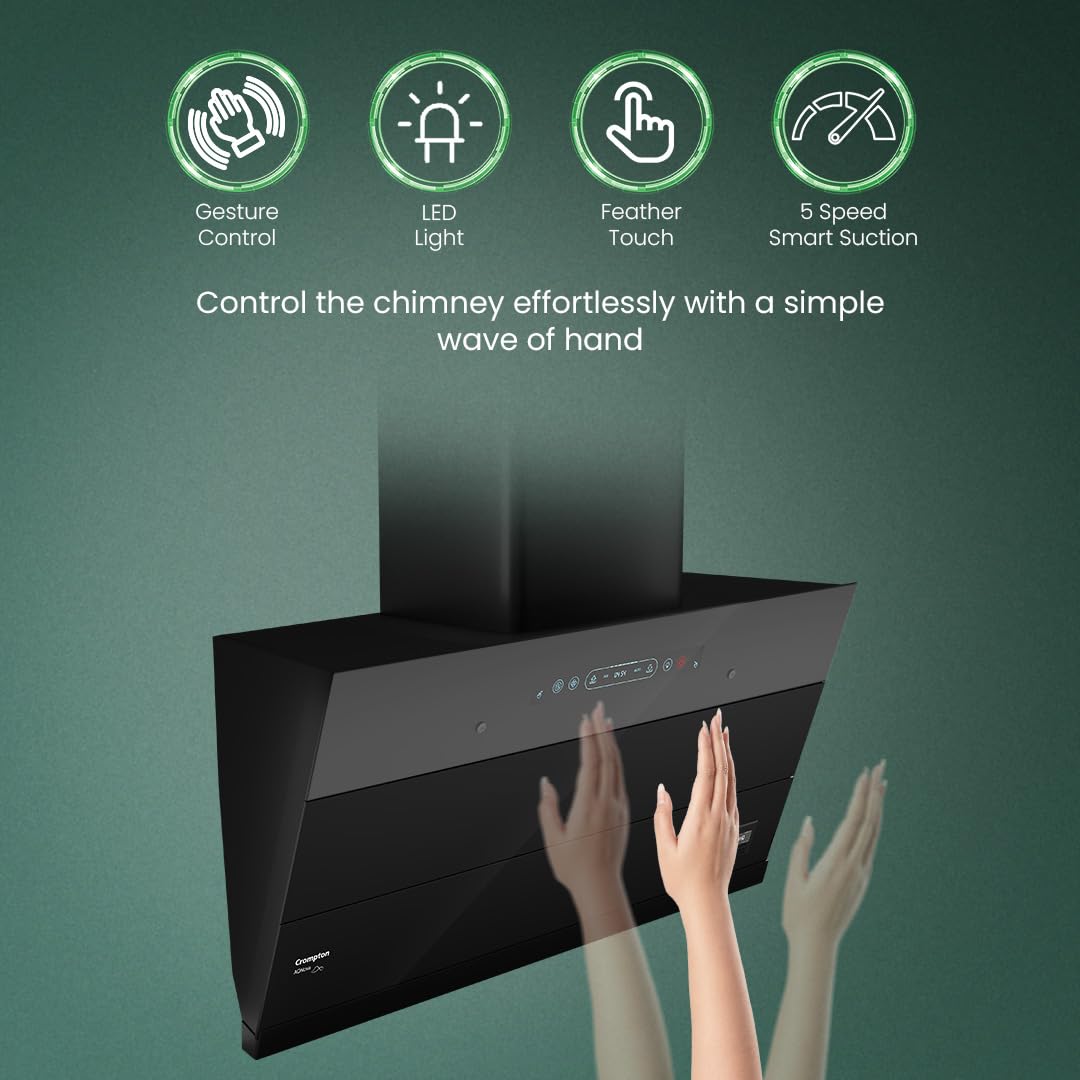 Crompton CHD-AQI75FLE-IND AQNova BLDC 1800m3/hr 75 cm Slant Chimney|AirIQ technology|Adaptive suction| Intelligent Autoclean|Motion Sensor|15Yrs Motor & 4Yrs Overall Warranty|(Black)|Free Installation & Ducting kit mahajan electronics online