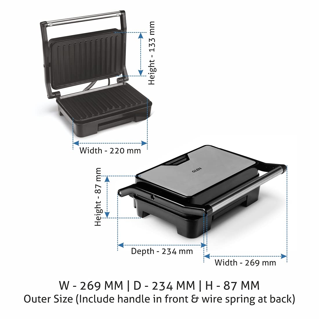 Glen SA 3029 Press Grill Maker 830W With Non Stick Coated Grill Plate & Oil Collector Tray  2 Years Warranty, Black Mahajan Electronics Online