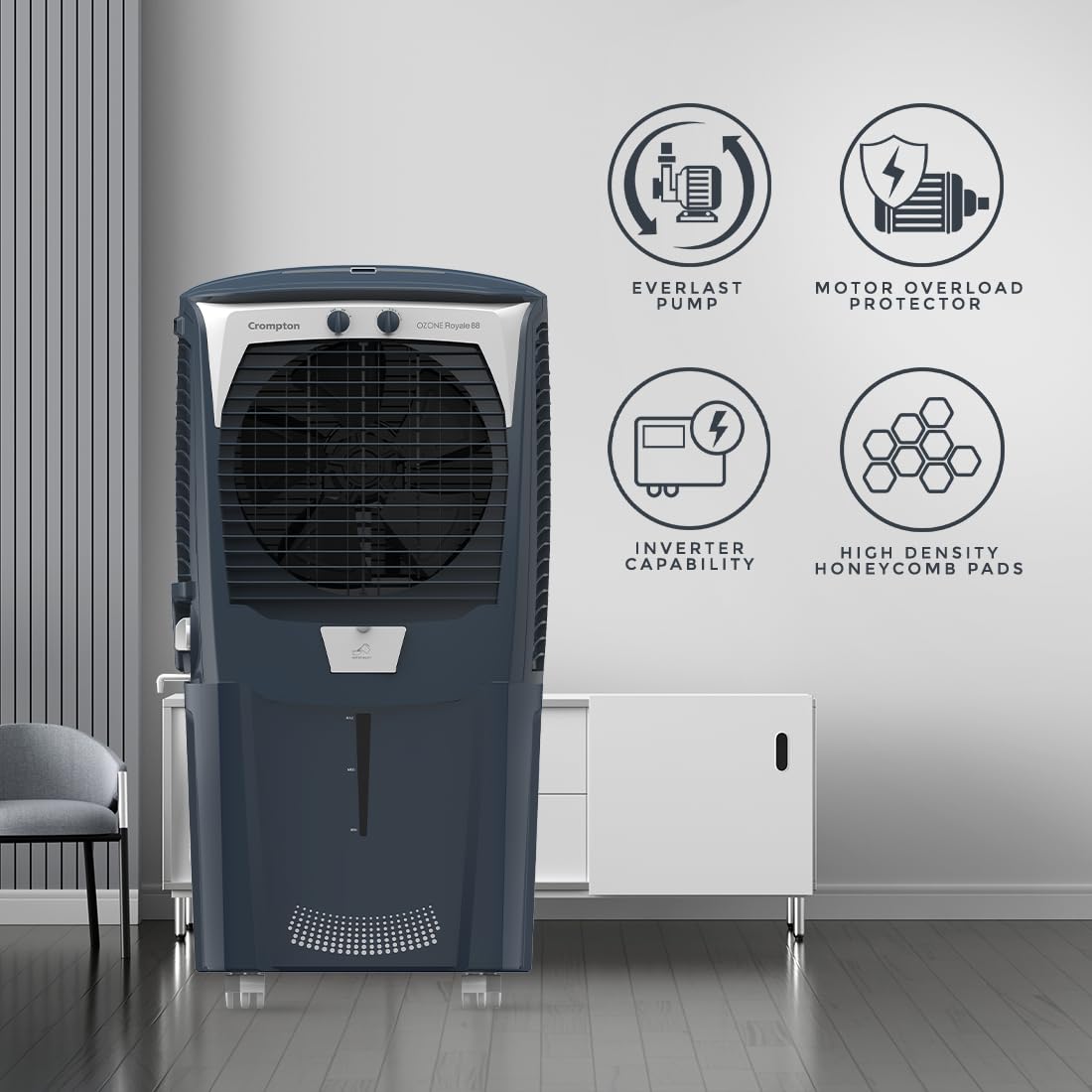 Crompton Ozone DACR-88 Royale Desert Air Cooler- 88L; with humidity control, Auto drain, Everlast Pump Mahajan Electronics Online