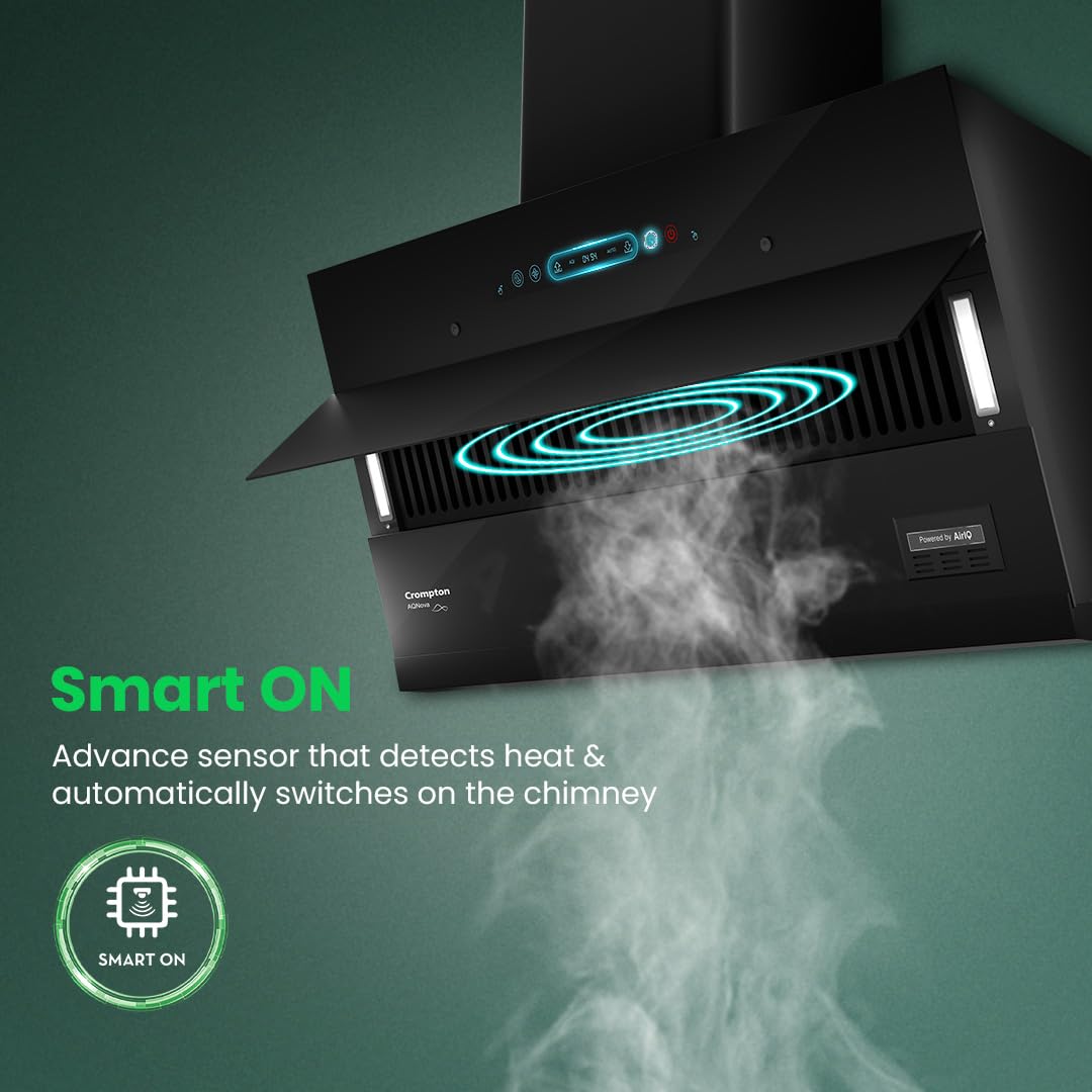 Crompton CHD-AQI75FLE-IND AQNova BLDC 1800m3/hr 75 cm Slant Chimney|AirIQ technology|Adaptive suction| Intelligent Autoclean|Motion Sensor|15Yrs Motor & 4Yrs Overall Warranty|(Black)|Free Installation & Ducting kit mahajan electronics online