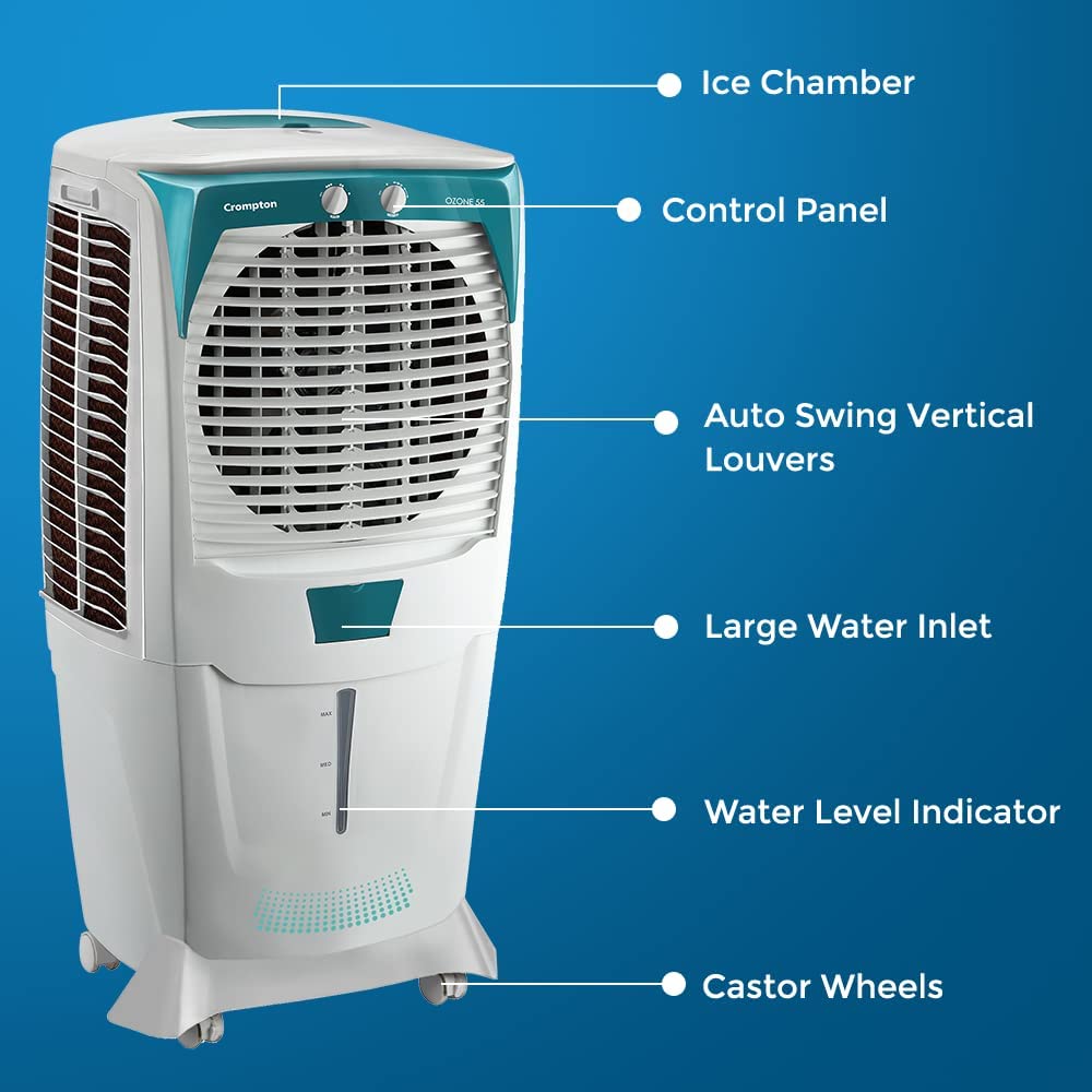 Crompton ACGC-DAC555 Ozone Desert Air Cooler- 55L; with Everlast Pump, Auto Fill, 4-Way Air Deflection and High Density Honeycomb pads; White & Teal Mahajan Electronics Online