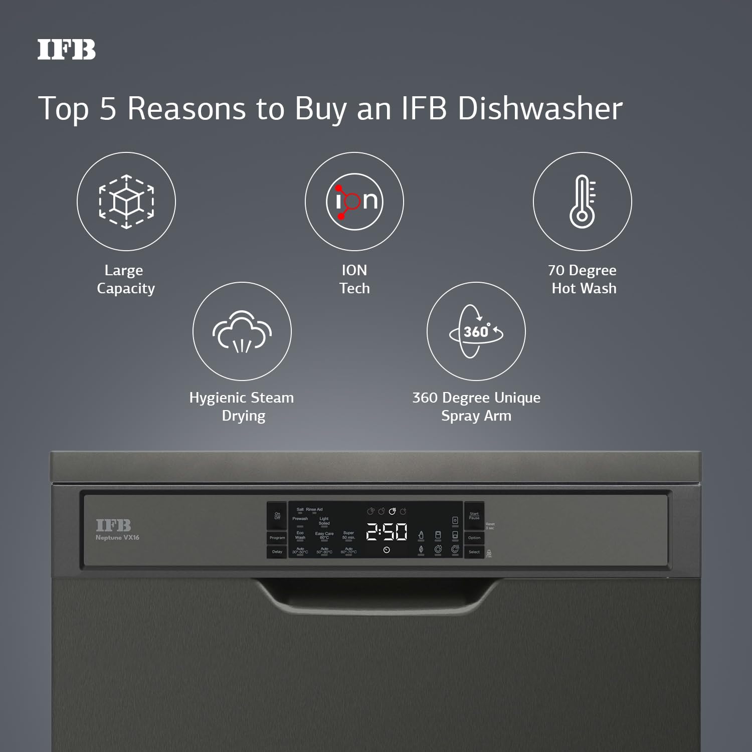 IFB Neptune VX16 16 Place Setting Dishwasher with Ion Technology, Auto Programs, ( 70 Degree Hot Water Wash, Hygienic Steam Drying, with Extra Third Rack, Inox Grey, 2024) mAHAJAN eLECTRONICS oNLINE