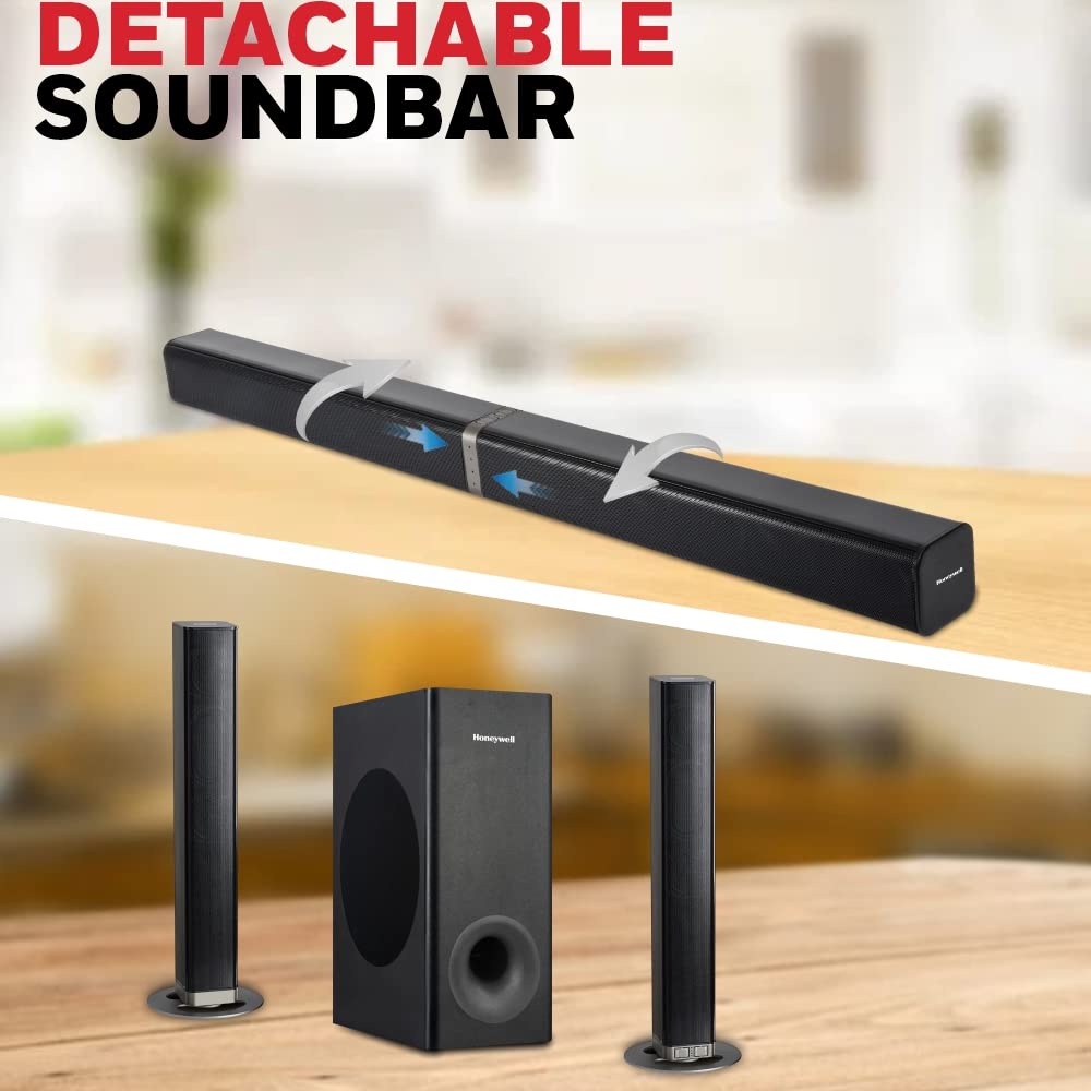 Honeywell Trueno U1000, 100W RMS Wireless Bluetooth V5.0 Soundbar with Wireless Subwoofer with Remote, 2.1 Channel Sound, 55mm*4 Drivers, 6 Play Modes-BT, Audio Jack, USB, Optical, coaxial & HDMI/ARC