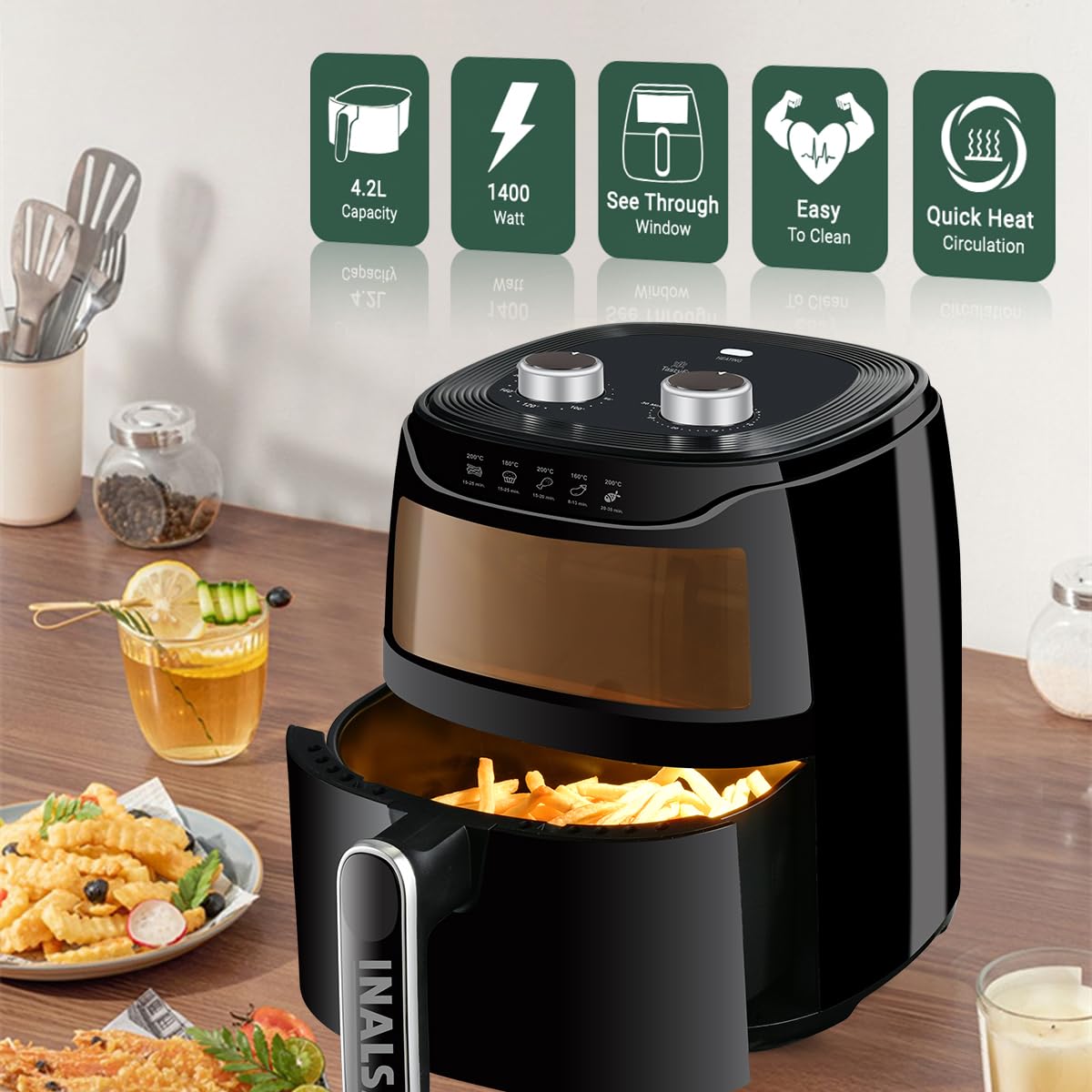 INALSA Tasty fry MW Air Fryer for Home|4.2 L Capacity|Visible Window & Internal Light|1400 W with Smart AirCrisp Technology Mahajan Electronics Online